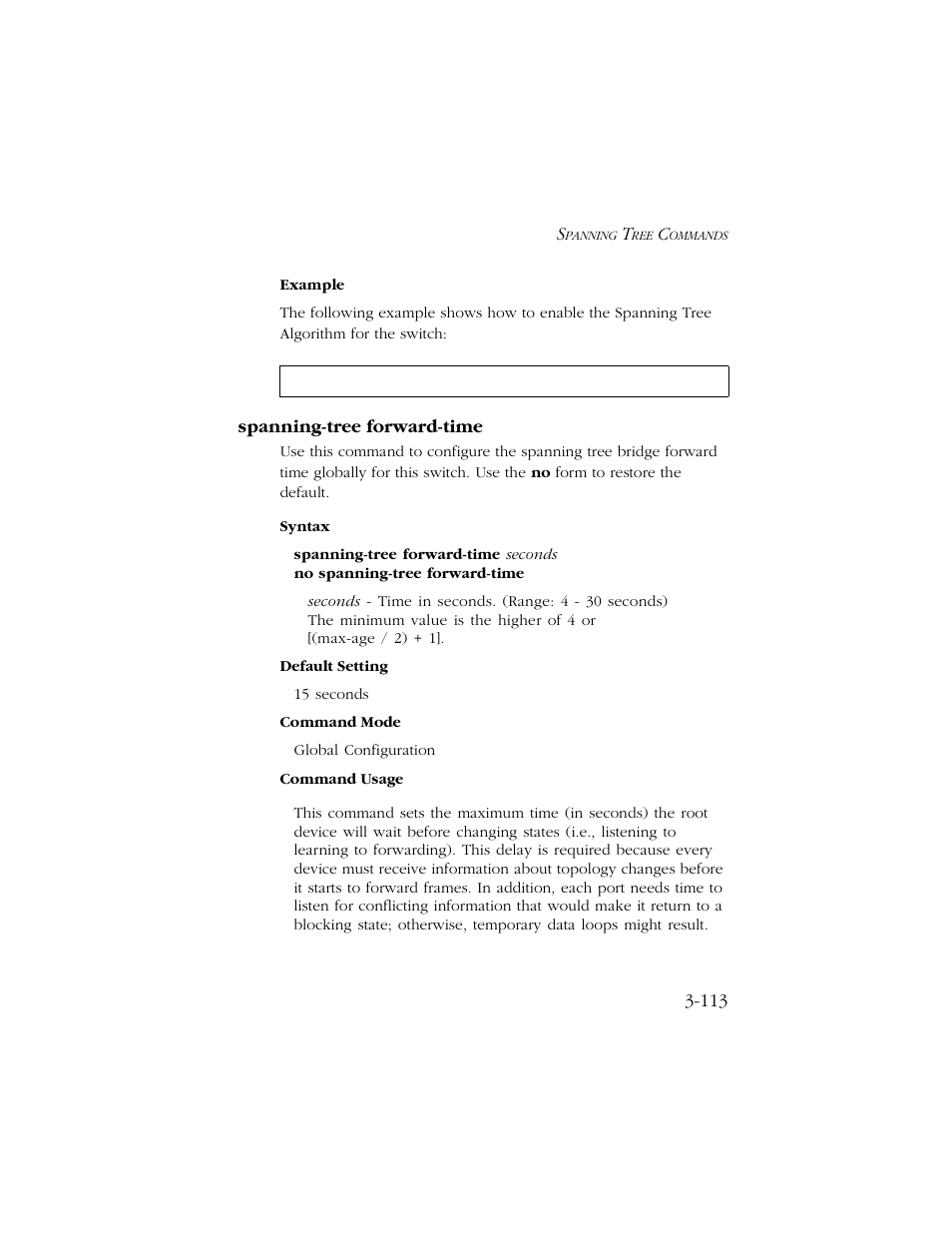 Spanning-tree forward-time, Spanning-tree forward-time -113 | SMC Networks TIGERSWITCH 10/100 User Manual | Page 255 / 318