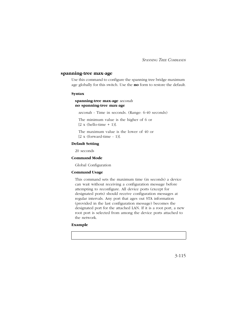 Spanning-tree max-age, Spanning-tree max-age -115 | SMC Networks TIGERSWITCH 10/100 User Manual | Page 257 / 318