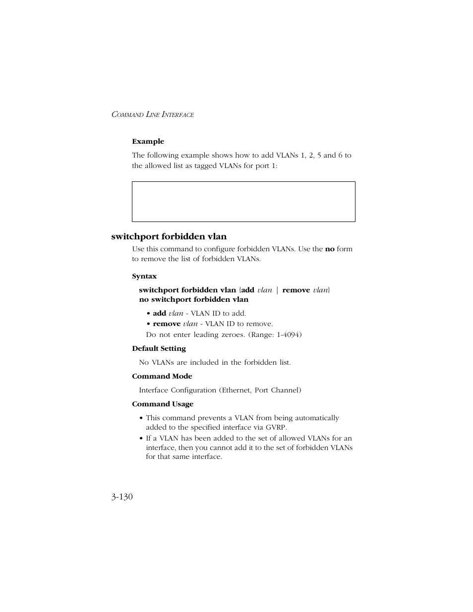 Switchport forbidden vlan, Switchport forbidden vlan -130 | SMC Networks TIGERSWITCH 10/100 User Manual | Page 272 / 318