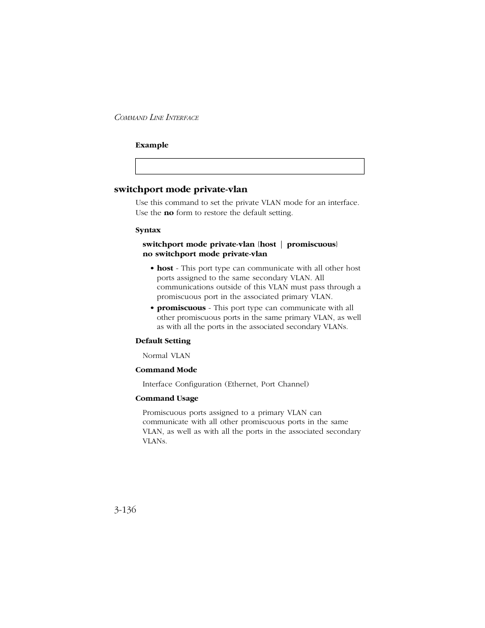 Switchport mode private-vlan, Switchport mode private-vlan -136, E 3-136 | SMC Networks TIGERSWITCH 10/100 User Manual | Page 278 / 318