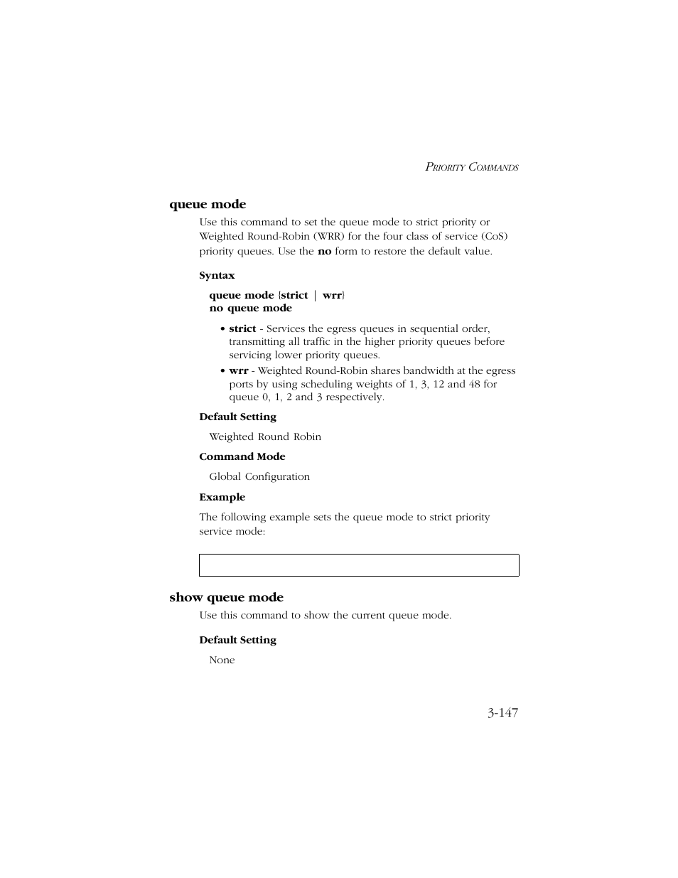 Queue mode, Show queue mode, Queue mode -147 show queue mode -147 | SMC Networks TIGERSWITCH 10/100 User Manual | Page 289 / 318