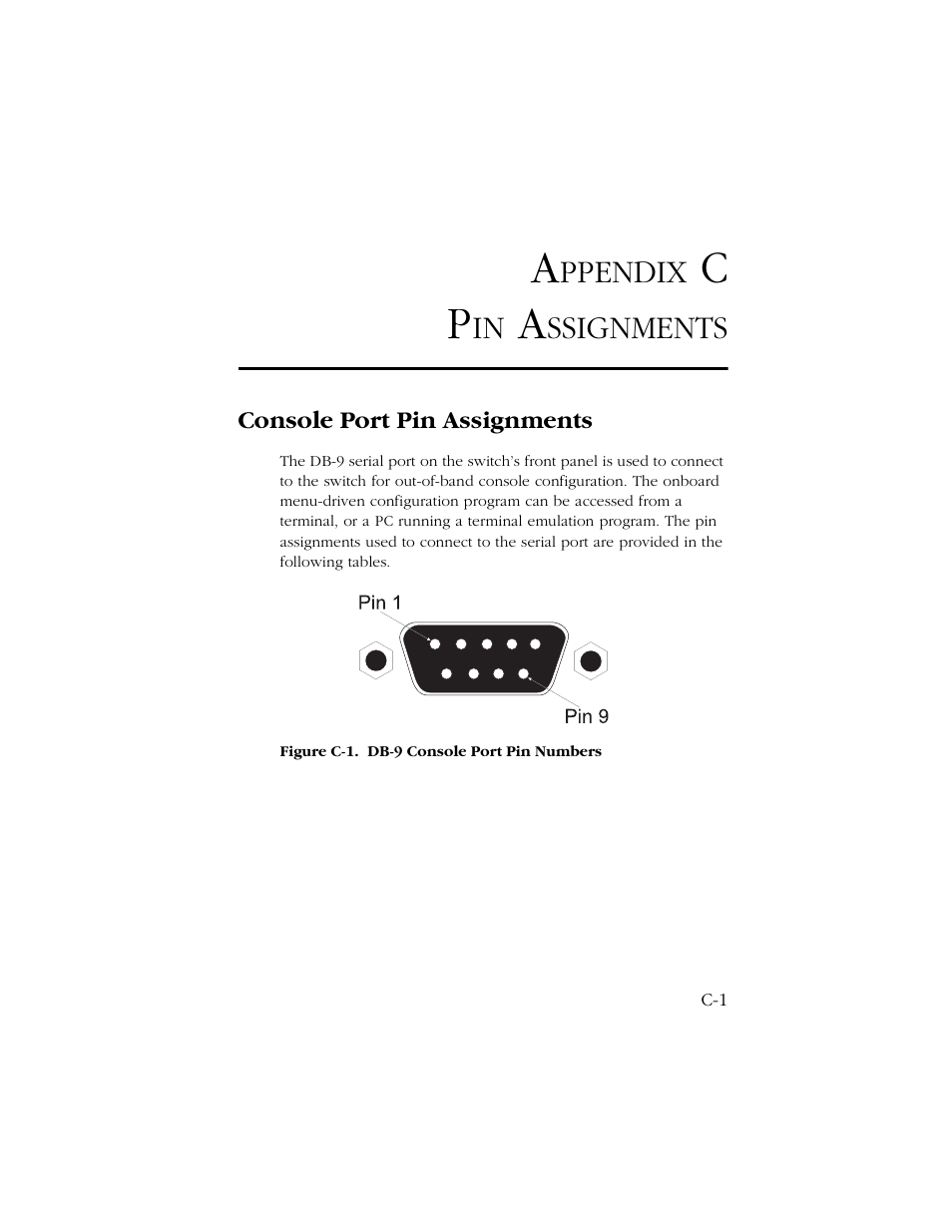 Appendix c pin assignments, Console port pin assignments | SMC Networks TIGERSWITCH 10/100 User Manual | Page 313 / 318