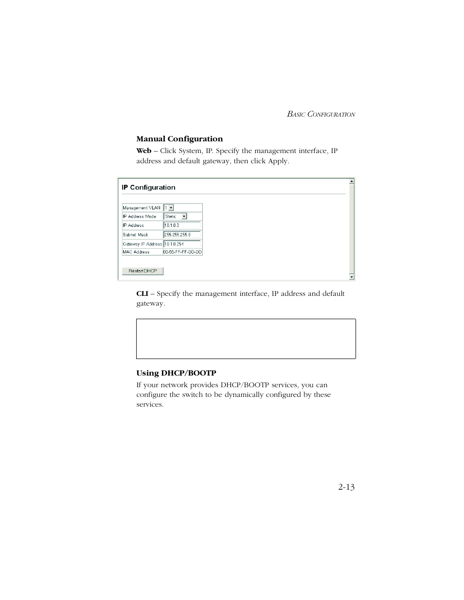 Manual configuration, Using dhcp/bootp | SMC Networks TIGERSWITCH 10/100 User Manual | Page 45 / 318