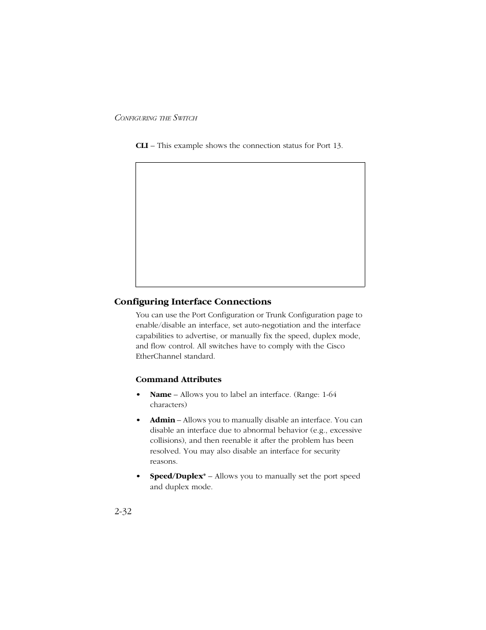 Configuring interface connections, Configuring interface connections -32, Ee “configuring interface connections” on | Command attributes | SMC Networks TIGERSWITCH 10/100 User Manual | Page 64 / 318