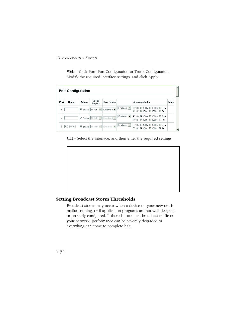 Setting broadcast storm thresholds, Setting broadcast storm thresholds -34 | SMC Networks TIGERSWITCH 10/100 User Manual | Page 66 / 318