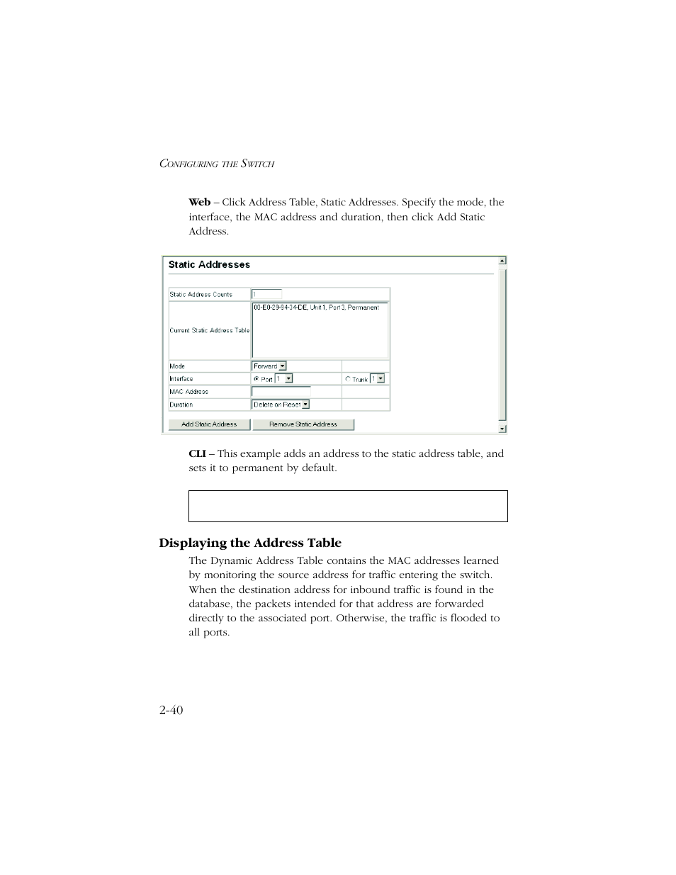 Displaying the address table, Displaying the address table -40 | SMC Networks TIGERSWITCH 10/100 User Manual | Page 72 / 318