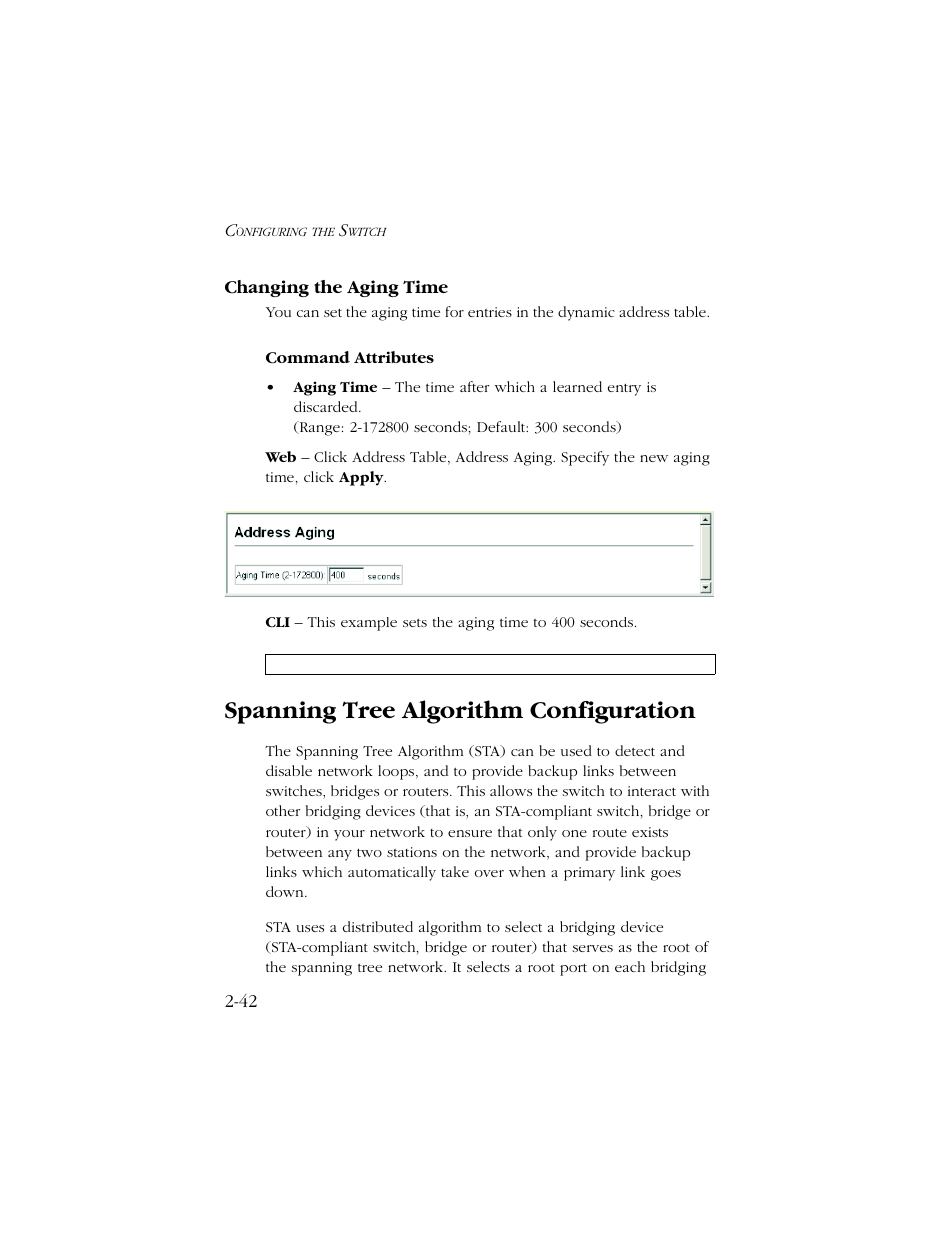 Changing the aging time, Spanning tree algorithm configuration, Changing the aging time -42 | Spanning tree algorithm configuration -42 | SMC Networks TIGERSWITCH 10/100 User Manual | Page 74 / 318