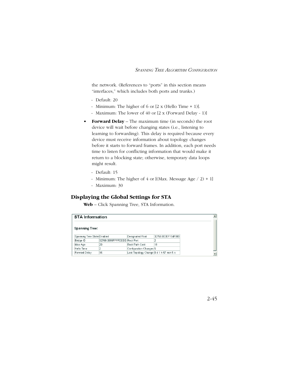 Displaying the global settings for sta, Displaying the global settings for sta -45 | SMC Networks TIGERSWITCH 10/100 User Manual | Page 77 / 318