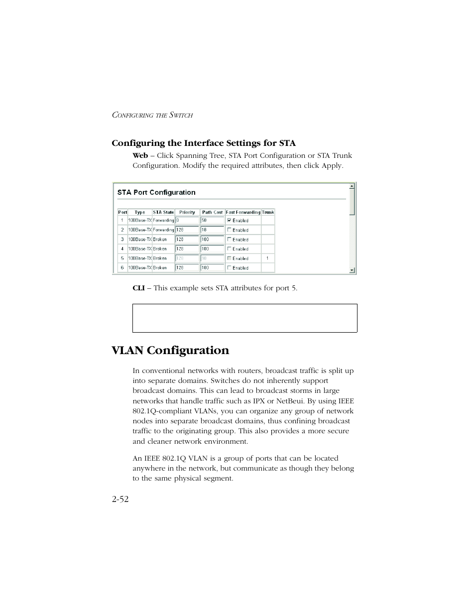 Configuring the interface settings for sta, Vlan configuration, Configuring the interface settings for sta -52 | Vlan configuration -52, 52 configuring the interface settings for sta | SMC Networks TIGERSWITCH 10/100 User Manual | Page 84 / 318