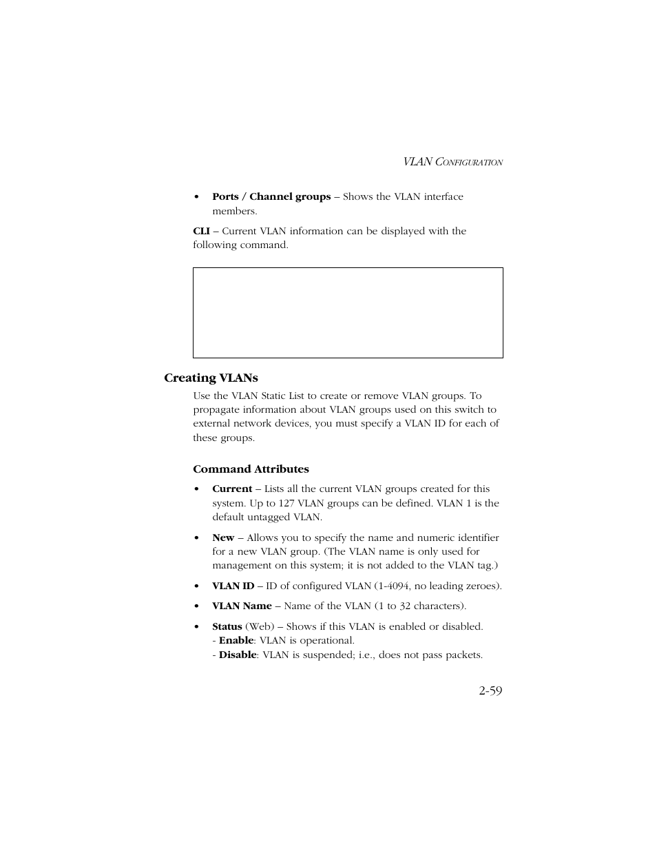 Creating vlans, Creating vlans -59, Vlan c | Command attributes | SMC Networks TIGERSWITCH 10/100 User Manual | Page 91 / 318