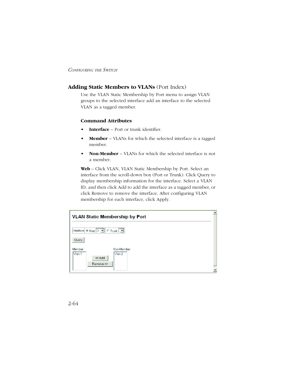 Adding static members to vlans (port index), Adding static members to vlans (port index) -64 | SMC Networks TIGERSWITCH 10/100 User Manual | Page 96 / 318