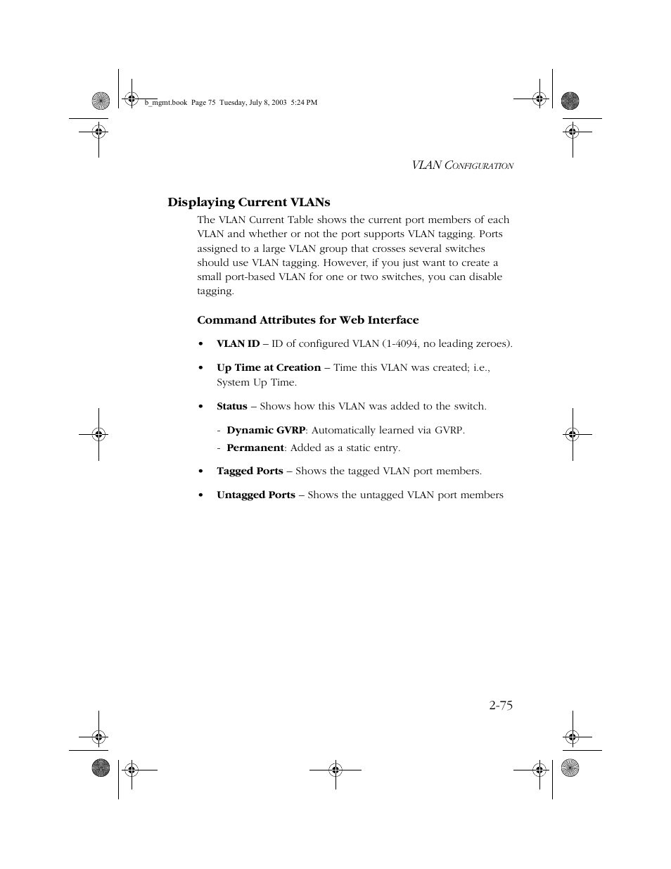 Displaying current vlans, Displaying current vlans -75 | SMC Networks SMC EZ 10/100/1000 SMCGS8P-Smart User Manual | Page 107 / 366