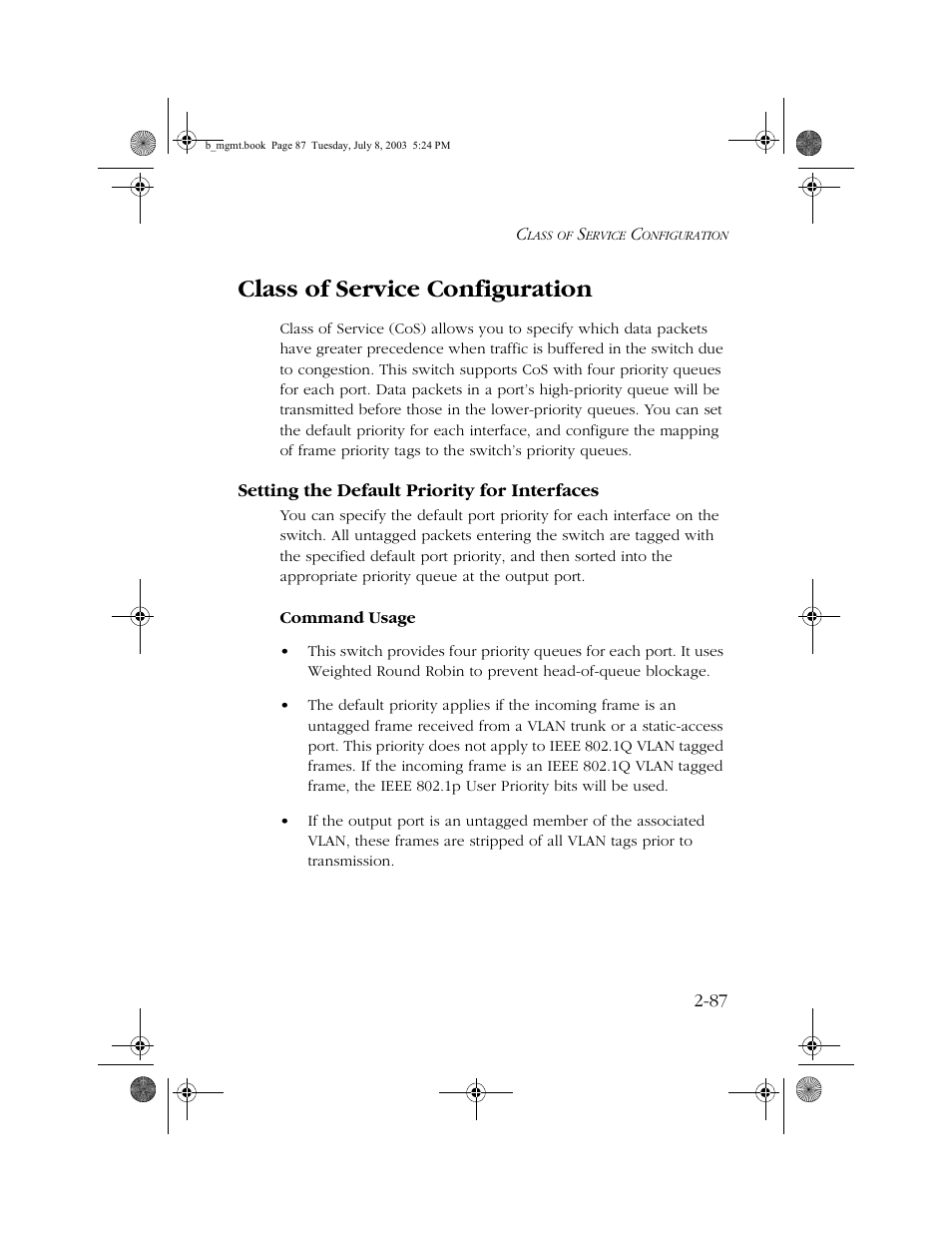 Class of service configuration, Setting the default priority for interfaces, Class of service configuration -87 | Setting the default priority for interfaces -87 | SMC Networks SMC EZ 10/100/1000 SMCGS8P-Smart User Manual | Page 119 / 366