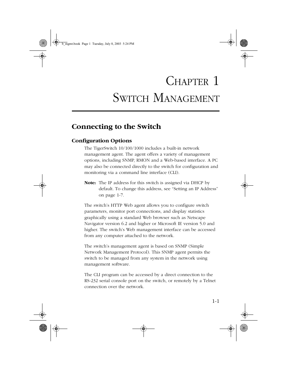 Chapter 1 switch management, Connecting to the switch, Configuration options | 1 switch management 1-1, Connecting to the switch -1, Configuration options -1, Hapter, Witch, Anagement | SMC Networks SMC EZ 10/100/1000 SMCGS8P-Smart User Manual | Page 15 / 366