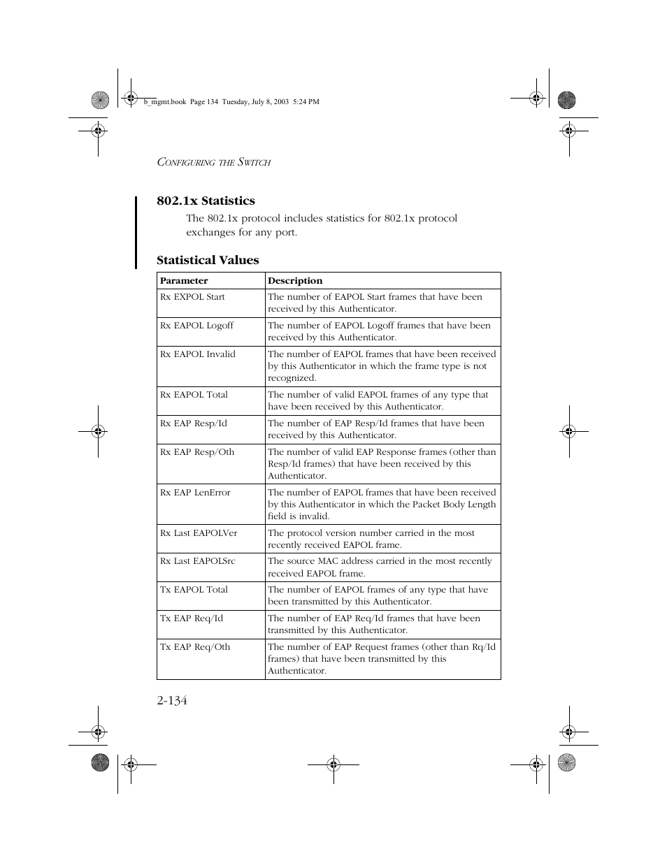 1x statistics, Statistical values, 1x statistics -134 statistical values -134 | SMC Networks SMC EZ 10/100/1000 SMCGS8P-Smart User Manual | Page 166 / 366