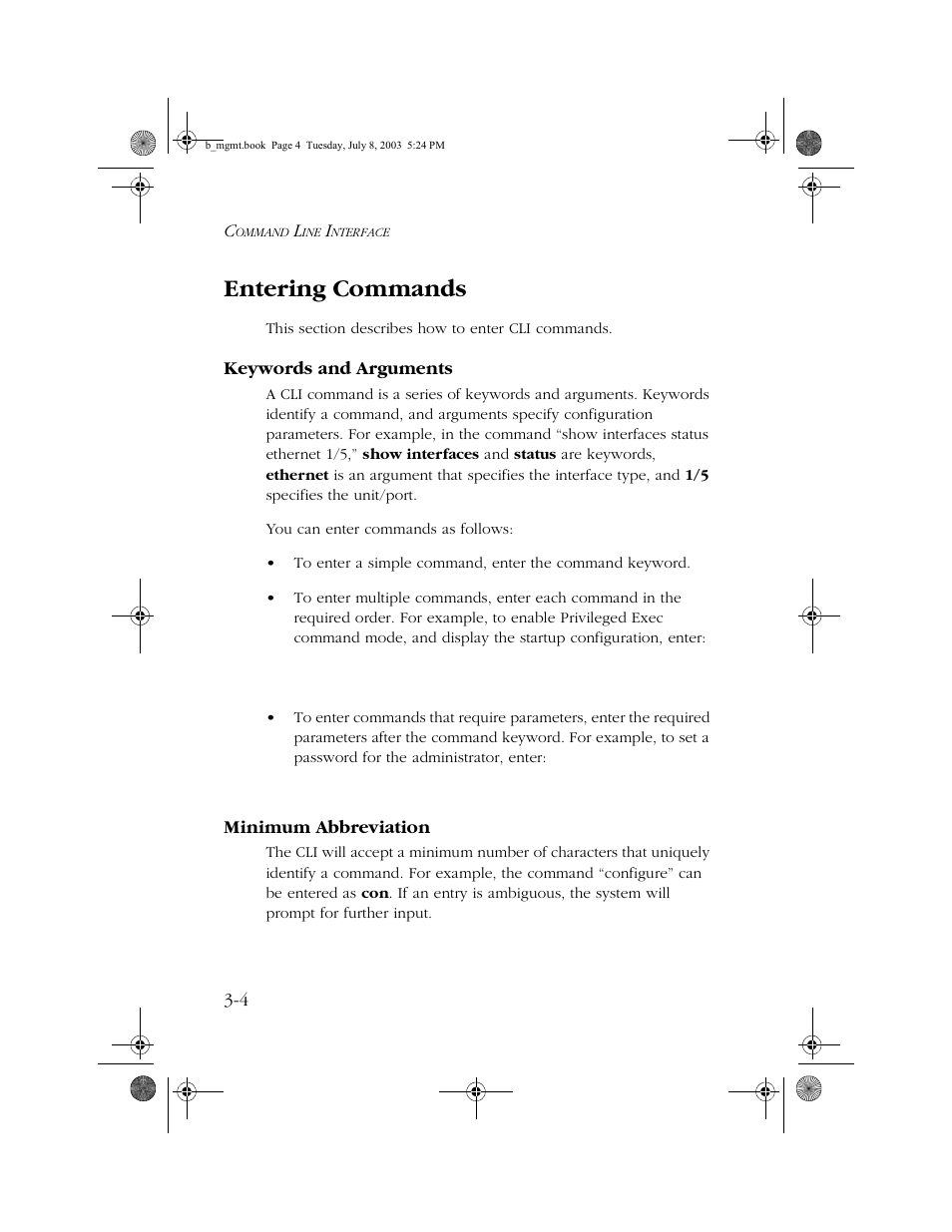 Entering commands, Keywords and arguments, Minimum abbreviation | Entering commands -4, Keywords and arguments -4 minimum abbreviation -4 | SMC Networks SMC EZ 10/100/1000 SMCGS8P-Smart User Manual | Page 172 / 366