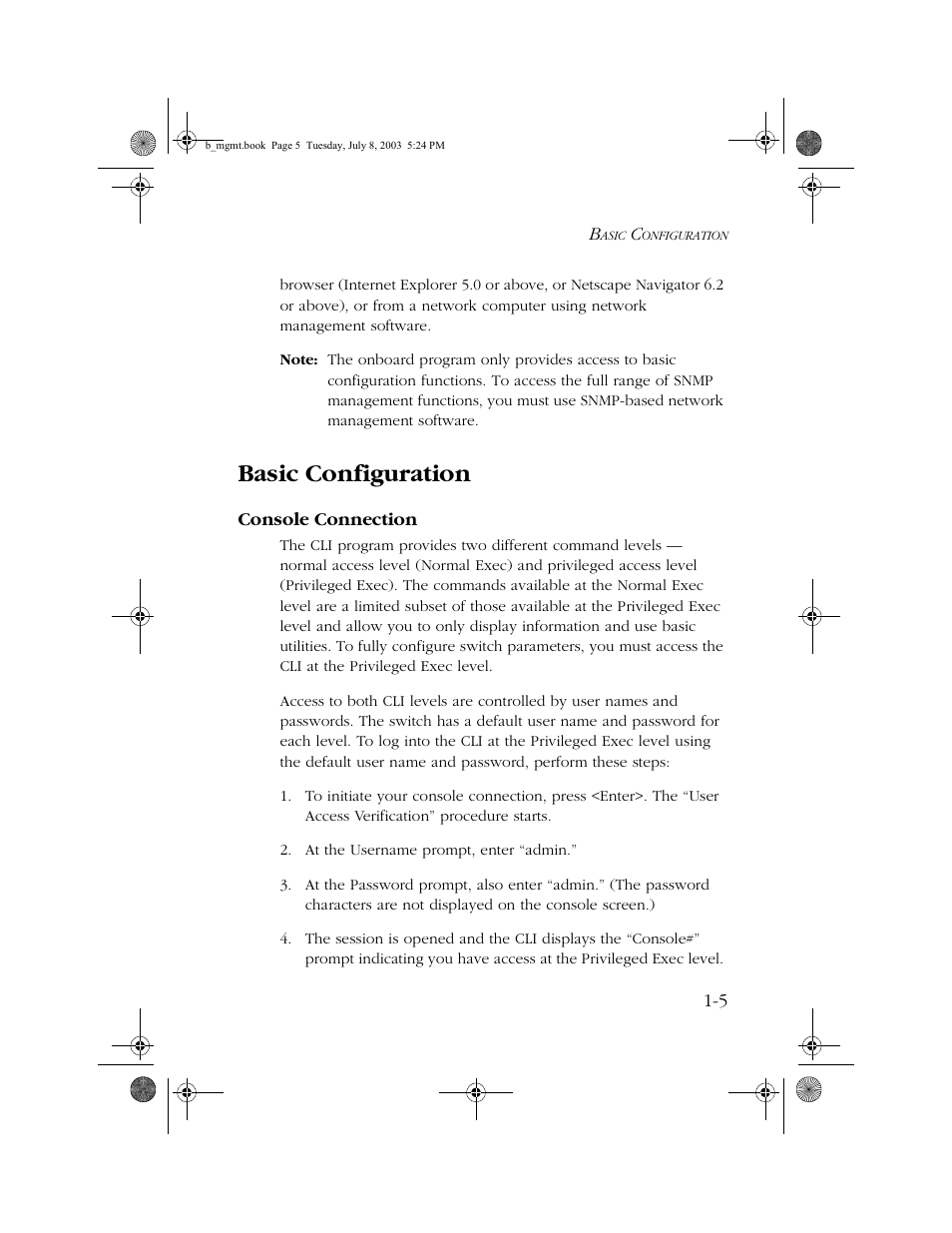 Basic configuration, Console connection, Basic configuration -5 | Console connection -5 | SMC Networks SMC EZ 10/100/1000 SMCGS8P-Smart User Manual | Page 19 / 366