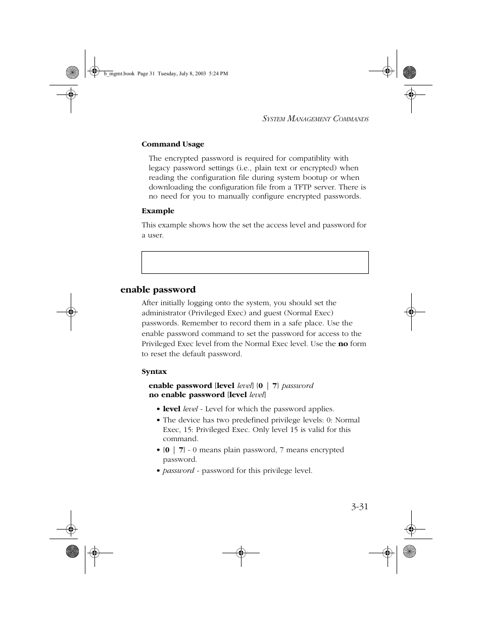 Enable password, Enable password -31, Enable password (3-31) | SMC Networks SMC EZ 10/100/1000 SMCGS8P-Smart User Manual | Page 199 / 366