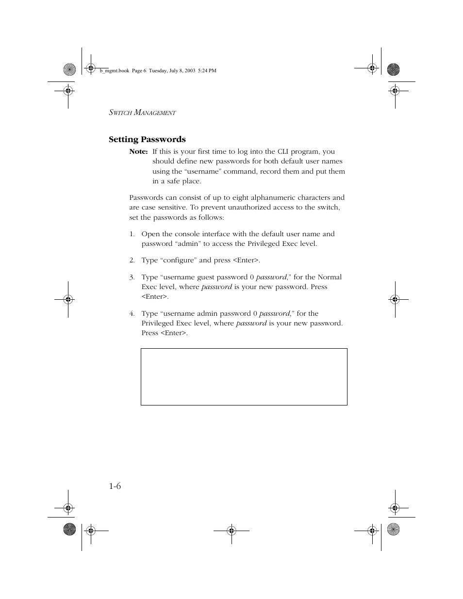 Setting passwords, Setting passwords -6 | SMC Networks SMC EZ 10/100/1000 SMCGS8P-Smart User Manual | Page 20 / 366