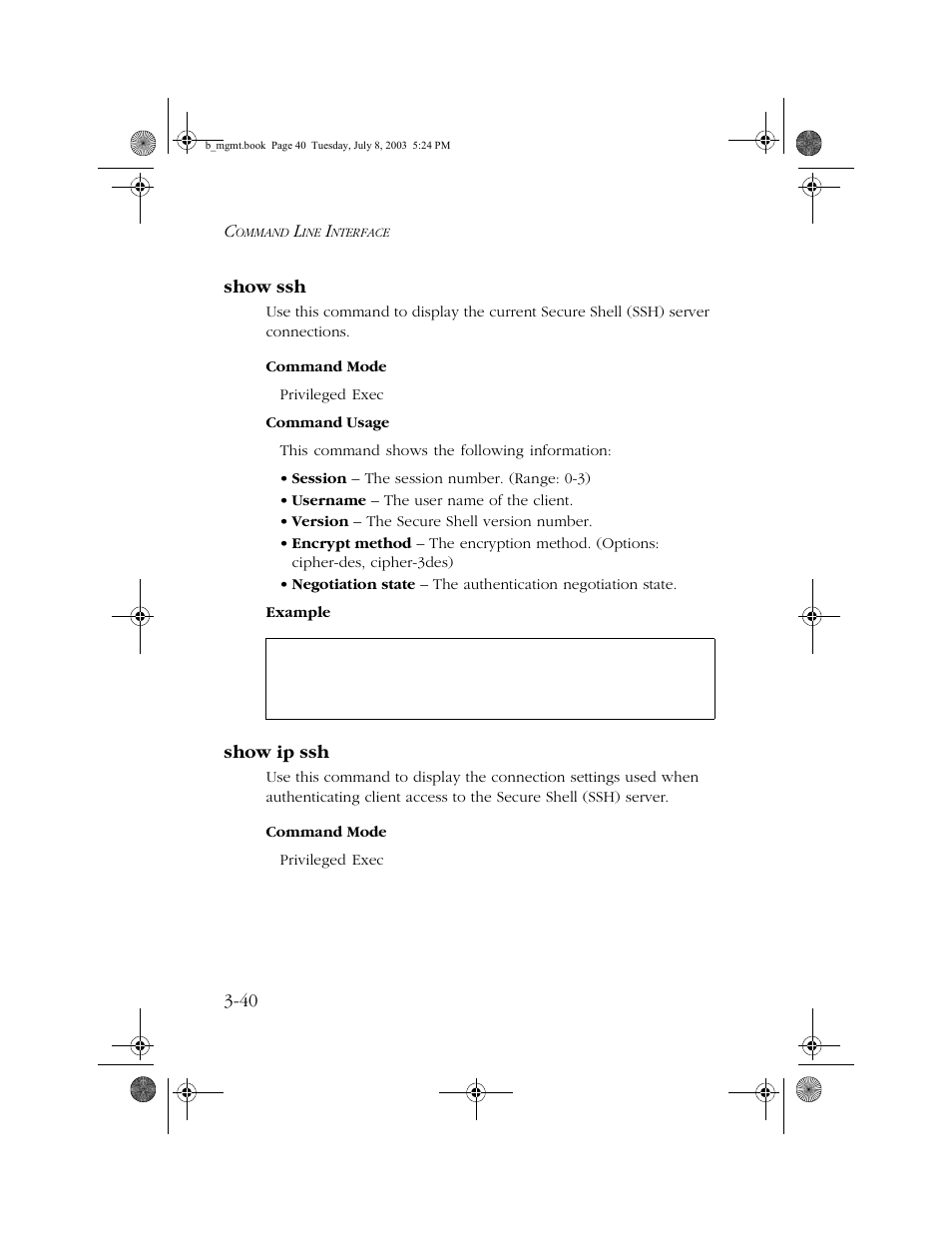 Show ssh, Show ip ssh, Show ssh -40 show ip ssh -40 | SMC Networks SMC EZ 10/100/1000 SMCGS8P-Smart User Manual | Page 208 / 366