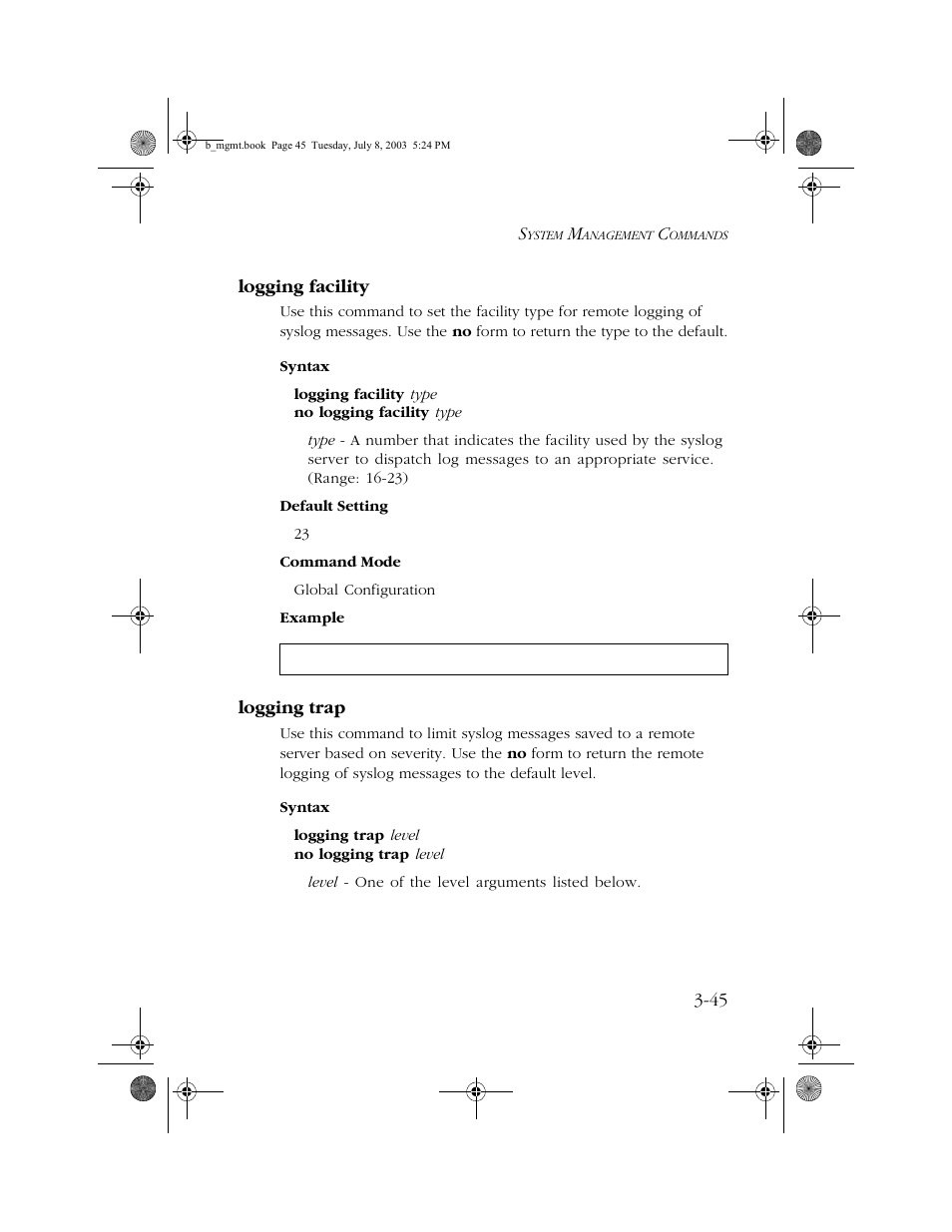 Logging facility, Logging trap, Logging facility -45 logging trap -45 | SMC Networks SMC EZ 10/100/1000 SMCGS8P-Smart User Manual | Page 213 / 366