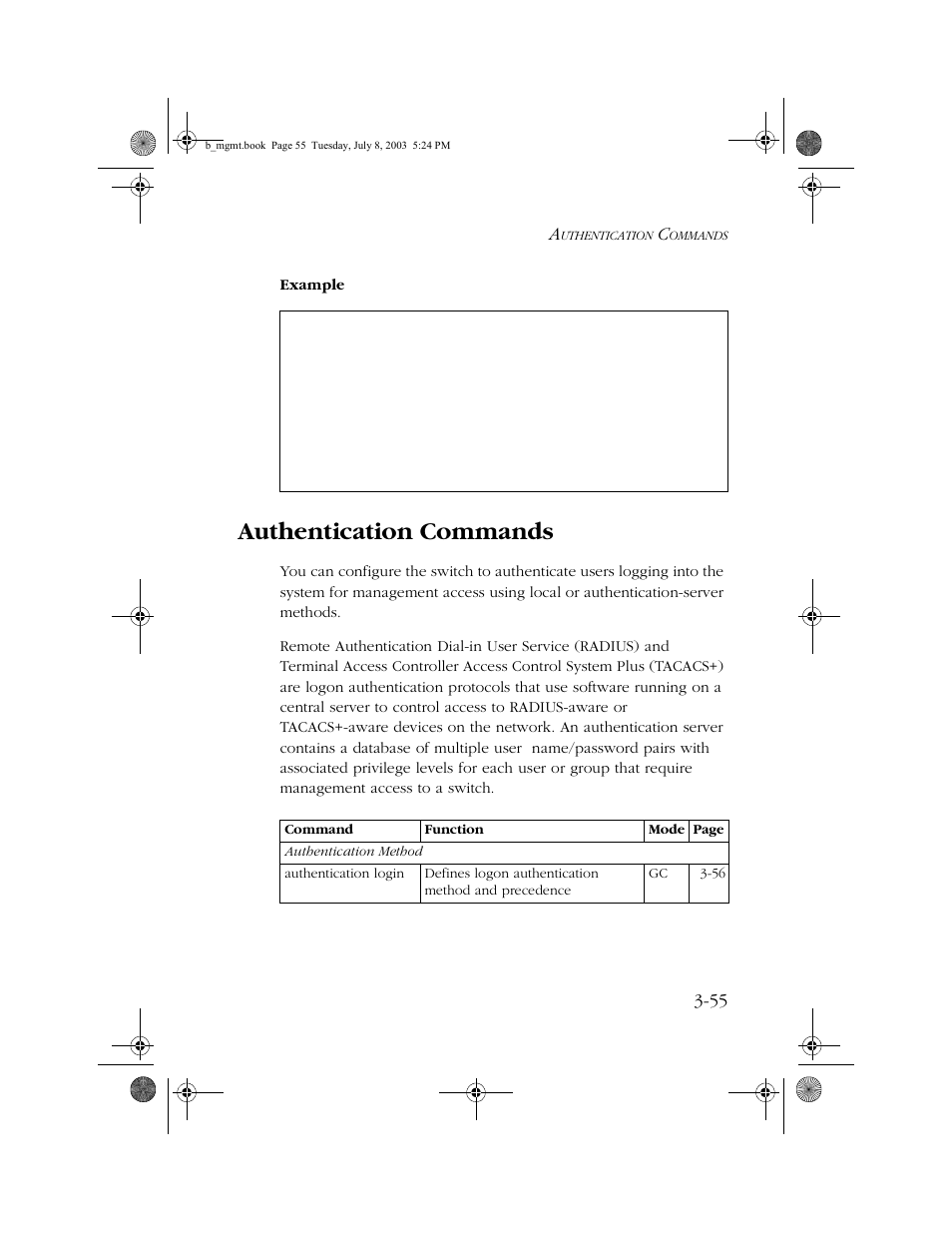 Authentication commands, Authentication commands -55 | SMC Networks SMC EZ 10/100/1000 SMCGS8P-Smart User Manual | Page 223 / 366