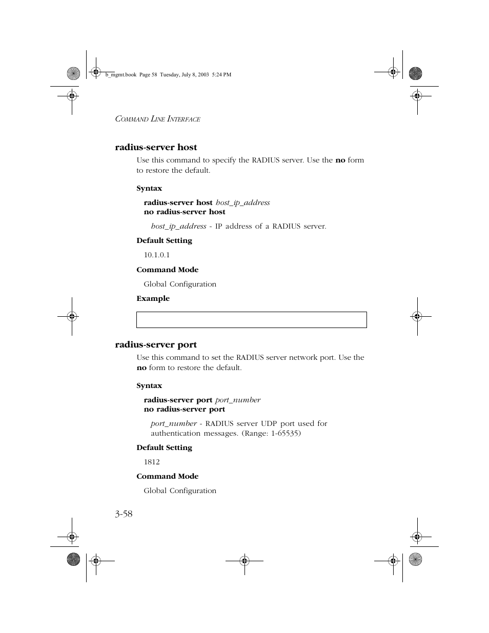 Radius-server host, Radius-server port, Radius-server host -58 radius-server port -58 | SMC Networks SMC EZ 10/100/1000 SMCGS8P-Smart User Manual | Page 226 / 366