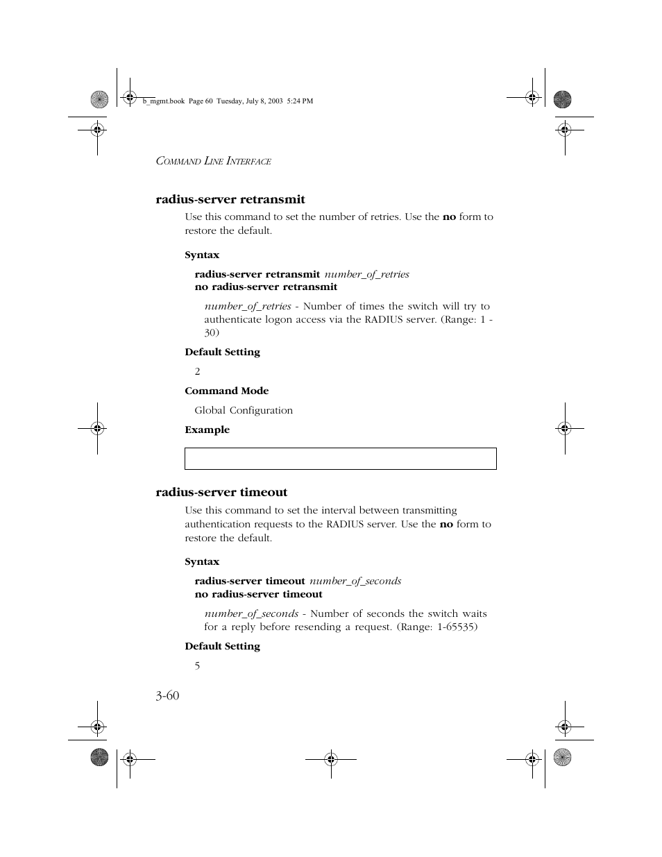 Radius-server retransmit, Radius-server timeout | SMC Networks SMC EZ 10/100/1000 SMCGS8P-Smart User Manual | Page 228 / 366