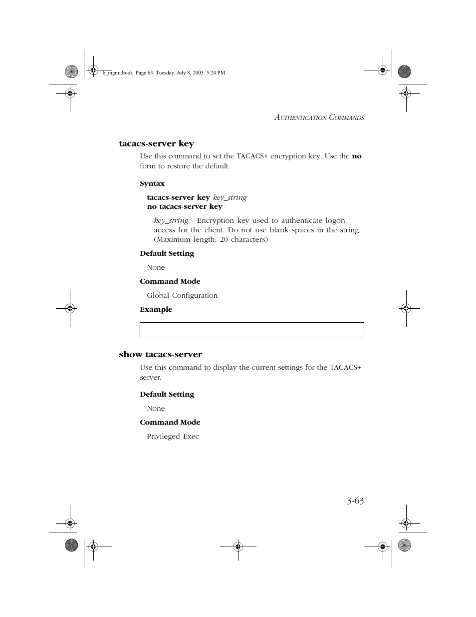 Tacacs-server key, Show tacacs-server, Tacacs-server key -63 show tacacs-server -63 | SMC Networks SMC EZ 10/100/1000 SMCGS8P-Smart User Manual | Page 231 / 366