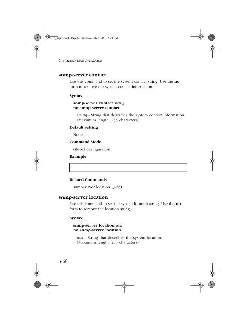 Snmp-server contact, Snmp-server location, Snmp-server contact -66 snmp-server location -66 | SMC Networks SMC EZ 10/100/1000 SMCGS8P-Smart User Manual | Page 234 / 366