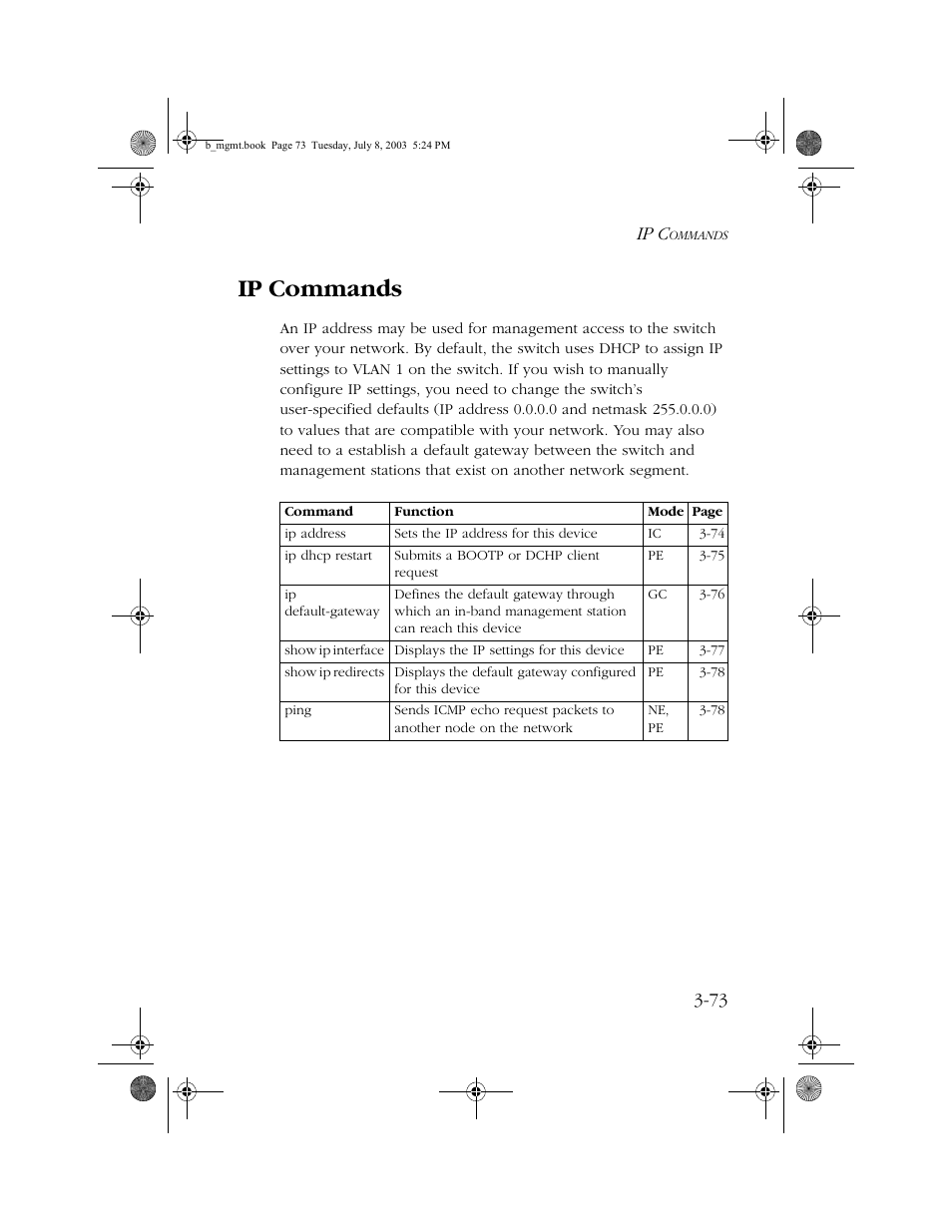 Ip commands, Ip commands -73, Ip c | SMC Networks SMC EZ 10/100/1000 SMCGS8P-Smart User Manual | Page 241 / 366