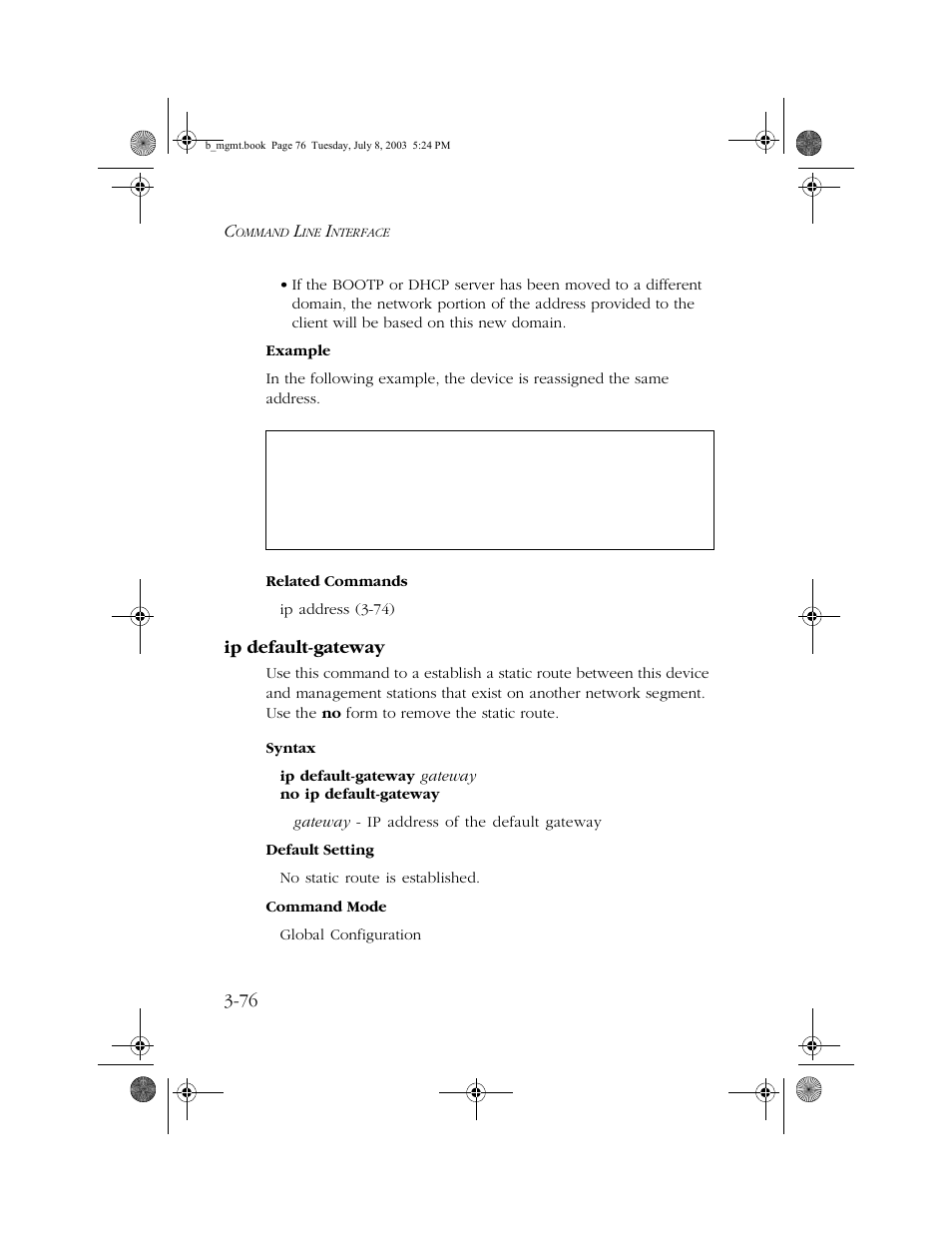 Ip default-gateway, Ip default-gateway -76 | SMC Networks SMC EZ 10/100/1000 SMCGS8P-Smart User Manual | Page 244 / 366