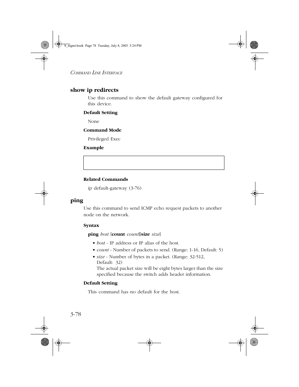 Show ip redirects, Ping, Show ip redirects -78 ping -78 | SMC Networks SMC EZ 10/100/1000 SMCGS8P-Smart User Manual | Page 246 / 366