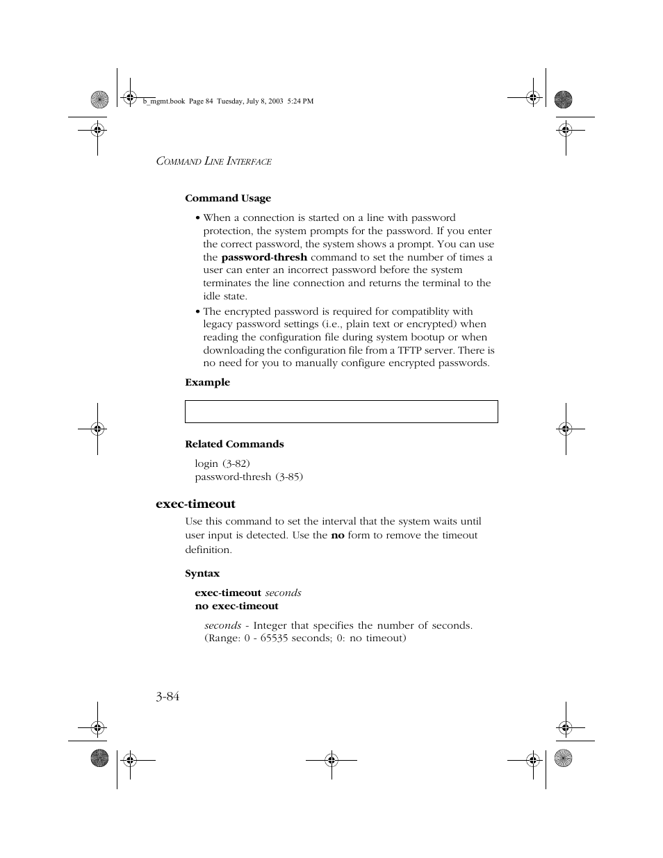 Exec-timeout, Exec-timeout -84 | SMC Networks SMC EZ 10/100/1000 SMCGS8P-Smart User Manual | Page 252 / 366