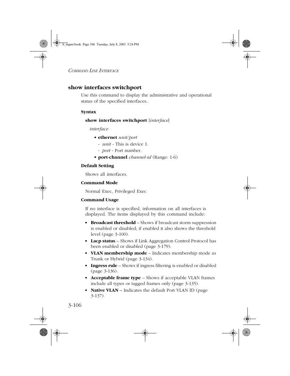 Show interfaces switchport, Show interfaces switchport -106 | SMC Networks SMC EZ 10/100/1000 SMCGS8P-Smart User Manual | Page 274 / 366