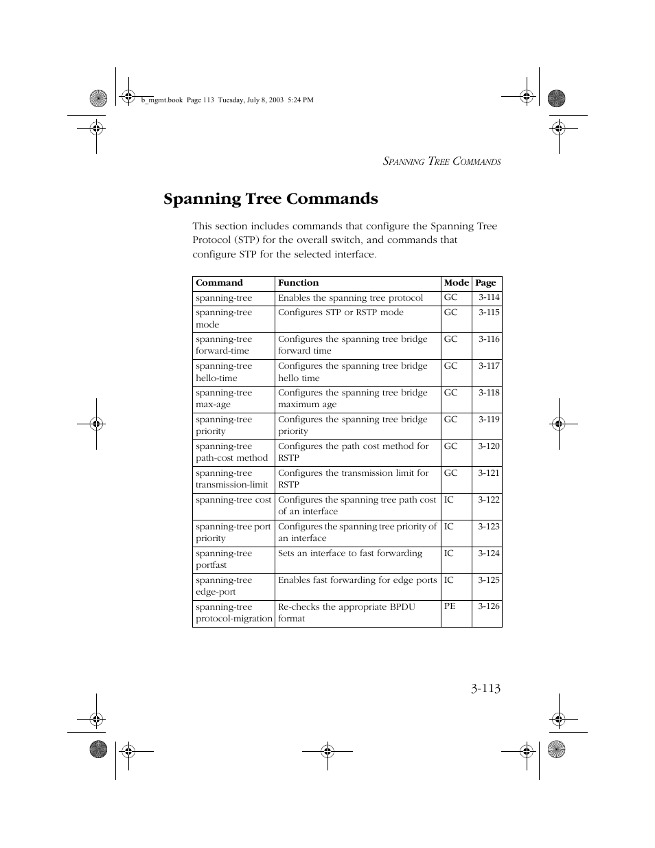 Spanning tree commands, Spanning tree commands -113 | SMC Networks SMC EZ 10/100/1000 SMCGS8P-Smart User Manual | Page 281 / 366