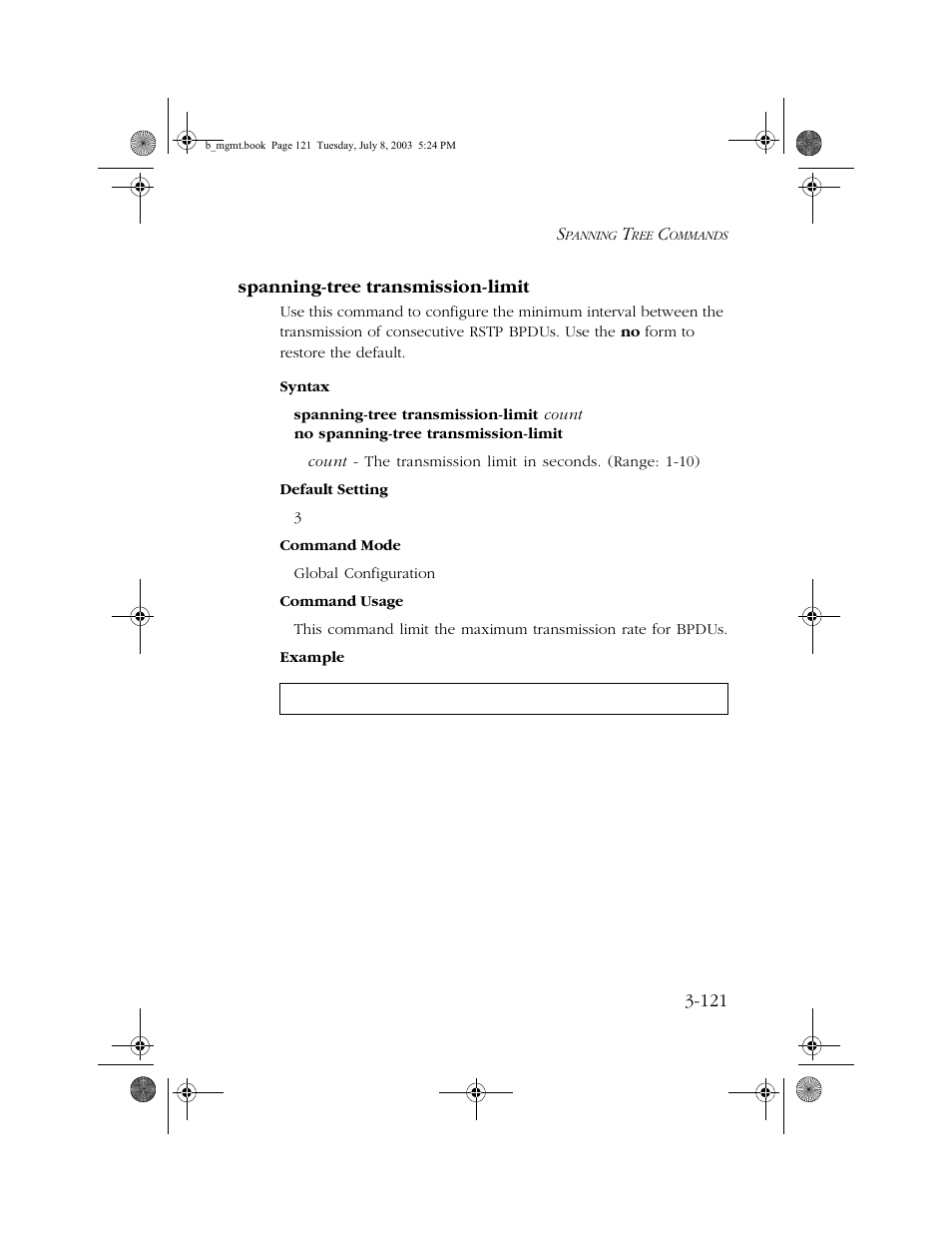 Spanning-tree transmission-limit, Spanning-tree transmission-limit -121 | SMC Networks SMC EZ 10/100/1000 SMCGS8P-Smart User Manual | Page 289 / 366