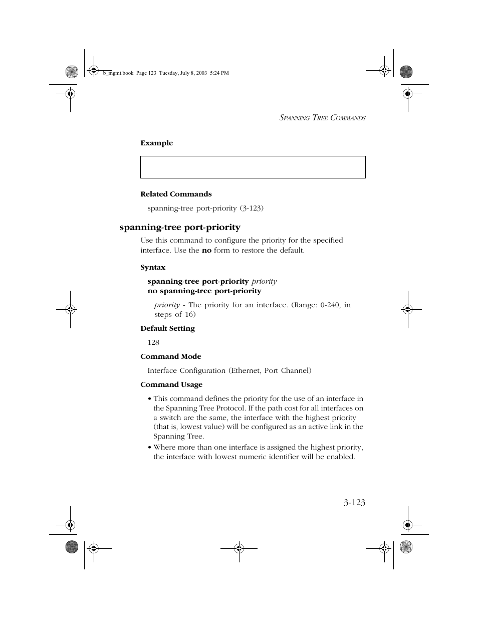 Spanning-tree port-priority, Spanning-tree port-priority -123 | SMC Networks SMC EZ 10/100/1000 SMCGS8P-Smart User Manual | Page 291 / 366