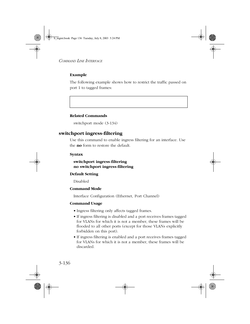 Switchport ingress-filtering, Switchport ingress-filtering -136, E 3-136) | SMC Networks SMC EZ 10/100/1000 SMCGS8P-Smart User Manual | Page 304 / 366