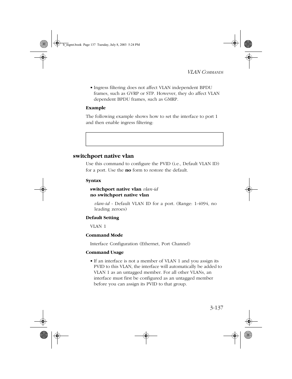 Switchport native vlan, Switchport native vlan -137 | SMC Networks SMC EZ 10/100/1000 SMCGS8P-Smart User Manual | Page 305 / 366