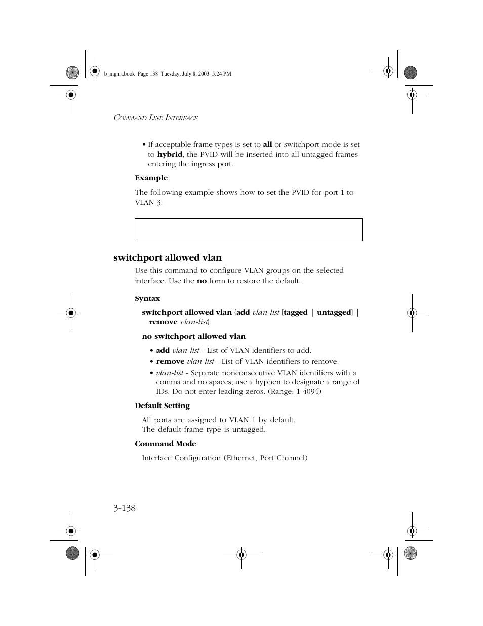 Switchport allowed vlan, Switchport allowed vlan -138, E 3-138) | SMC Networks SMC EZ 10/100/1000 SMCGS8P-Smart User Manual | Page 306 / 366