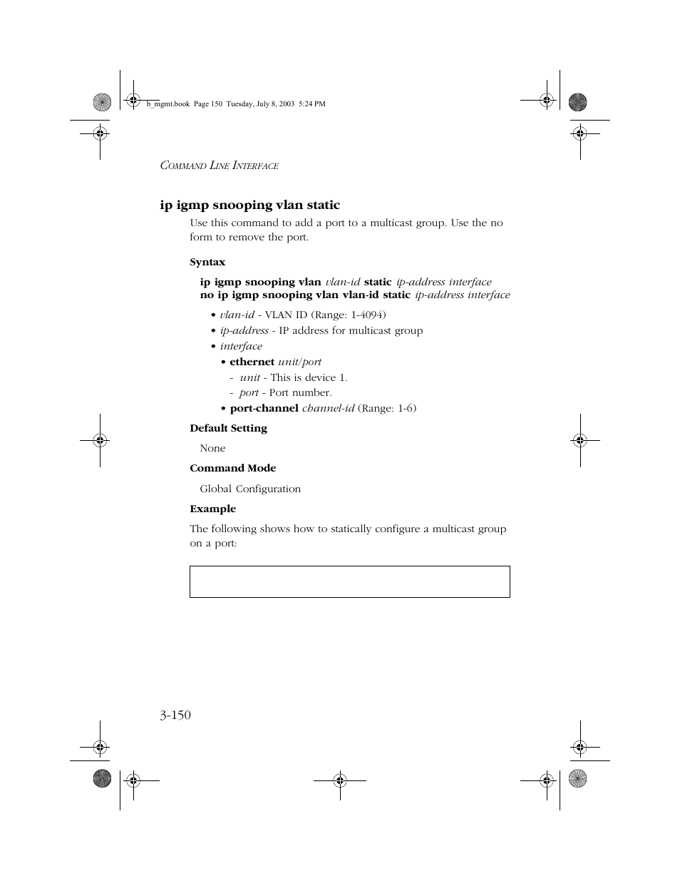 Ip igmp snooping vlan static, Ip igmp snooping vlan static -150 | SMC Networks SMC EZ 10/100/1000 SMCGS8P-Smart User Manual | Page 318 / 366