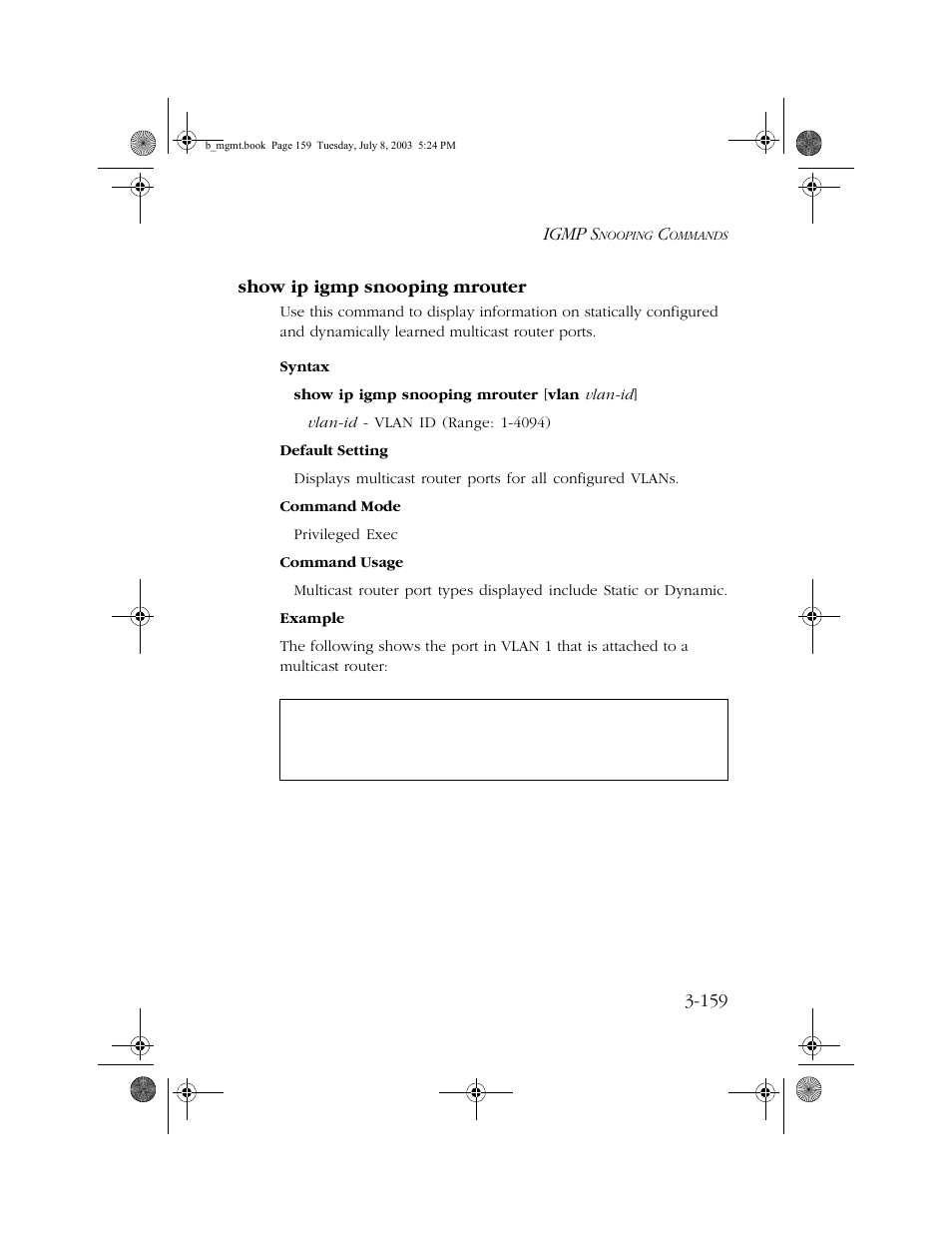 Show ip igmp snooping mrouter, Show ip igmp snooping mrouter -159 | SMC Networks SMC EZ 10/100/1000 SMCGS8P-Smart User Manual | Page 327 / 366