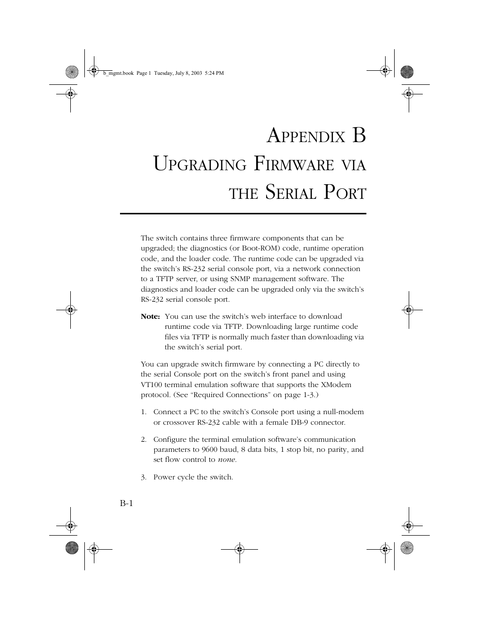 Appendix b upgrading firmware via the serial port, B upgrading firmware via the serial port b-1, Ppendix | Pgrading, Irmware, Via the, Erial | SMC Networks SMC EZ 10/100/1000 SMCGS8P-Smart User Manual | Page 351 / 366