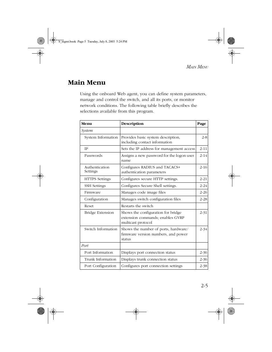 Main menu, Main menu -5 | SMC Networks SMC EZ 10/100/1000 SMCGS8P-Smart User Manual | Page 37 / 366
