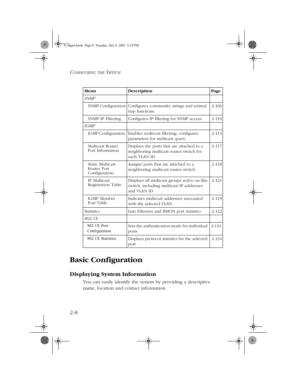 Basic configuration, Displaying system information, Basic configuration -8 | Displaying system information -8 | SMC Networks SMC EZ 10/100/1000 SMCGS8P-Smart User Manual | Page 40 / 366