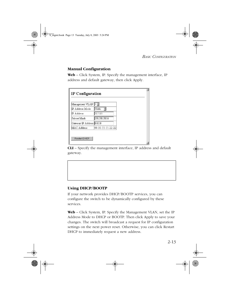 Manual configuration, Using dhcp/bootp | SMC Networks SMC EZ 10/100/1000 SMCGS8P-Smart User Manual | Page 45 / 366