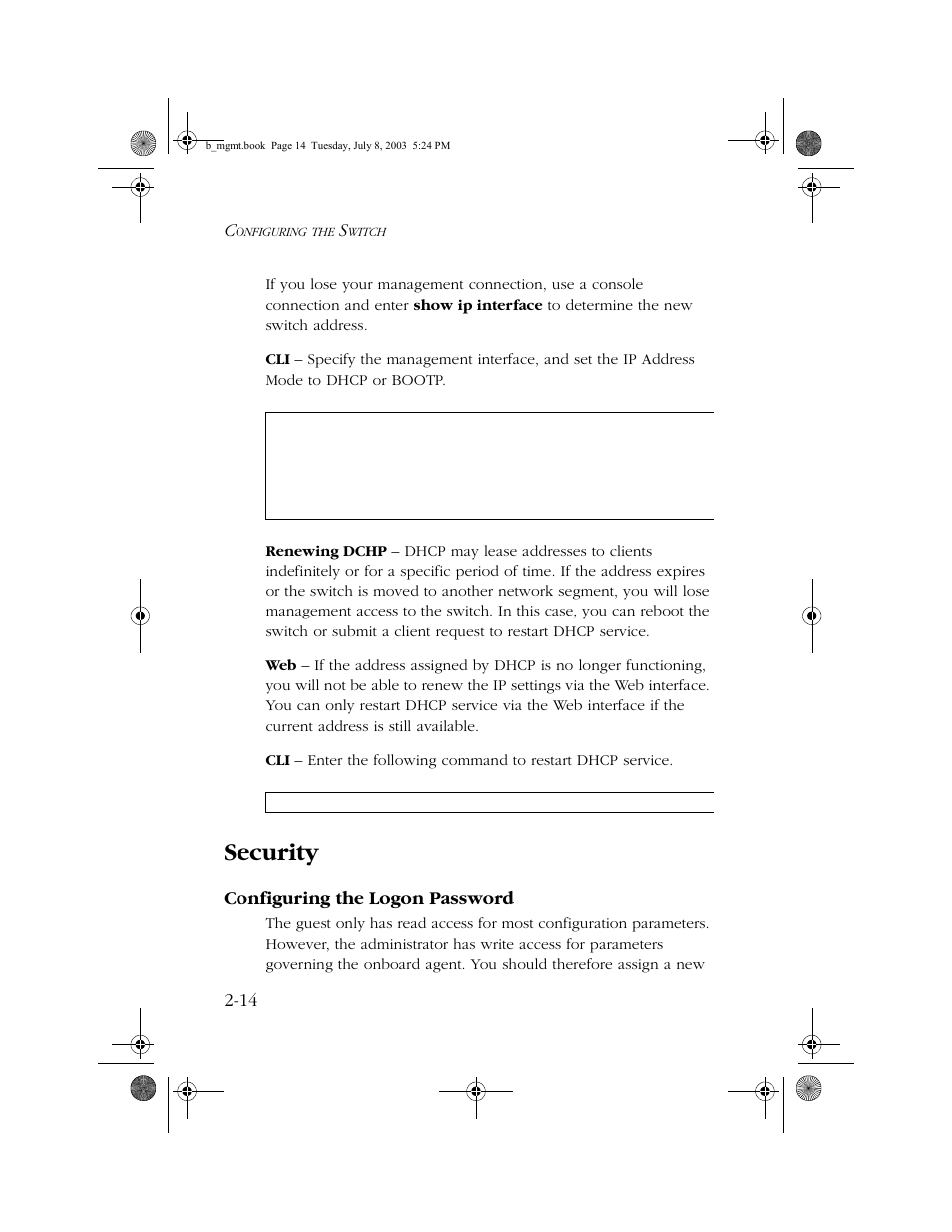 Security, Configuring the logon password, Security -14 | Configuring the logon password -14 | SMC Networks SMC EZ 10/100/1000 SMCGS8P-Smart User Manual | Page 46 / 366