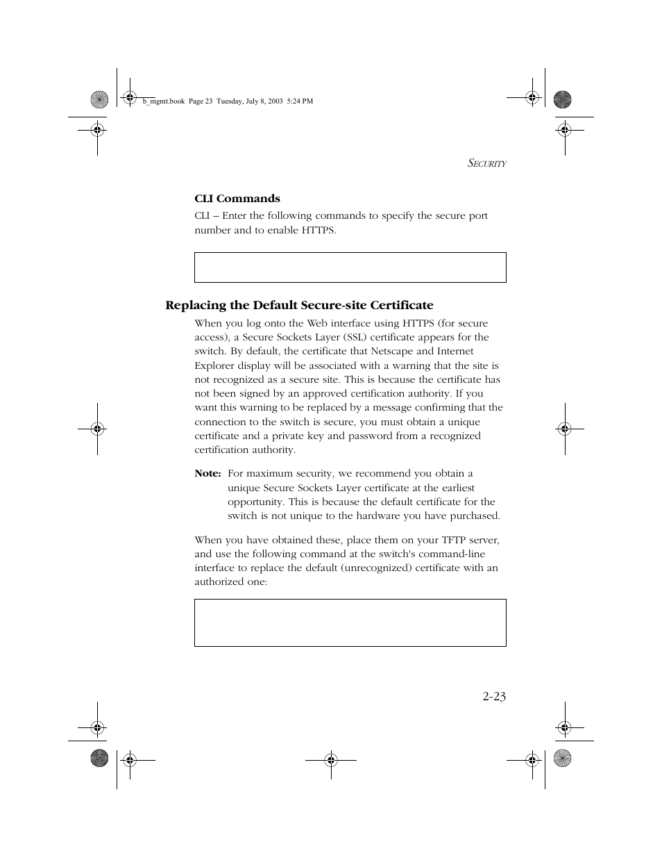 Replacing the default secure-site certificate, Replacing the default secure-site certificate -23, Cli commands | SMC Networks SMC EZ 10/100/1000 SMCGS8P-Smart User Manual | Page 55 / 366