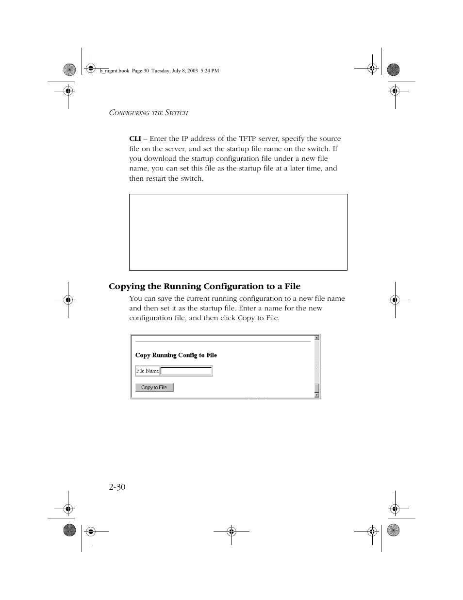 Copying the running configuration to a file, Copying the running configuration to a file -30 | SMC Networks SMC EZ 10/100/1000 SMCGS8P-Smart User Manual | Page 62 / 366